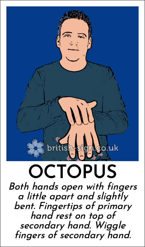 Octopus: Both hands open with fingers a little apart and slightly bent.  Fingertips of primary hand rest on top of secondary hand.  Wiggle fingers of secondary hand.